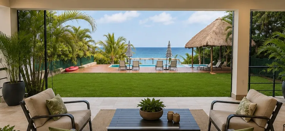 Covered lounge looking toward the lawn, pool and sea at the Iboga Wellness Institute's Ocean Sanctuary