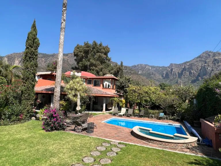 IbogaQuest residence, swimming pool and garden beneath the Tepoztlan mountains