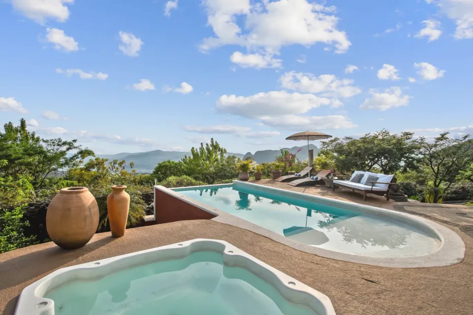 Pool, patio seating and mountain views at Root Healing in Tepoztlan